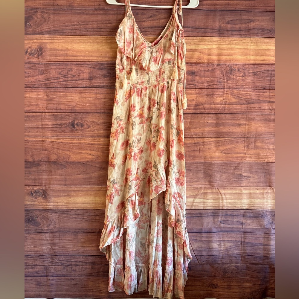 GUESS Womens Floral High Low Maxi Dress Peach Cream Smocked Waist Tassels Size M